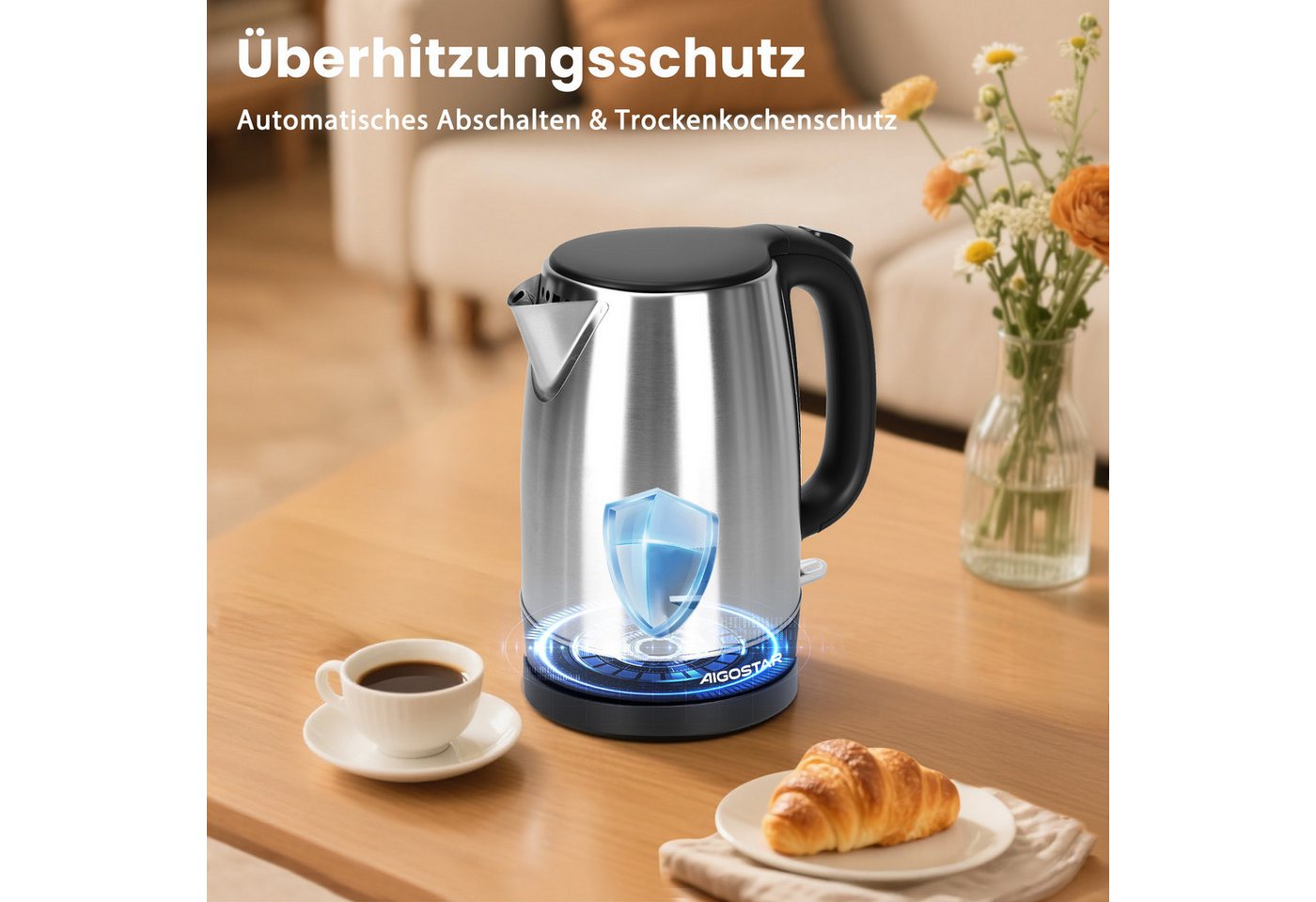 Aigostar Wasserkocher Wasserkocher Edelstahl 1,7 L, 2200W, Abschaltautomatik, Wasserkocher Edelstahl 1,7 L, 2200W, Abschaltautomatik – Bild 3 von 5