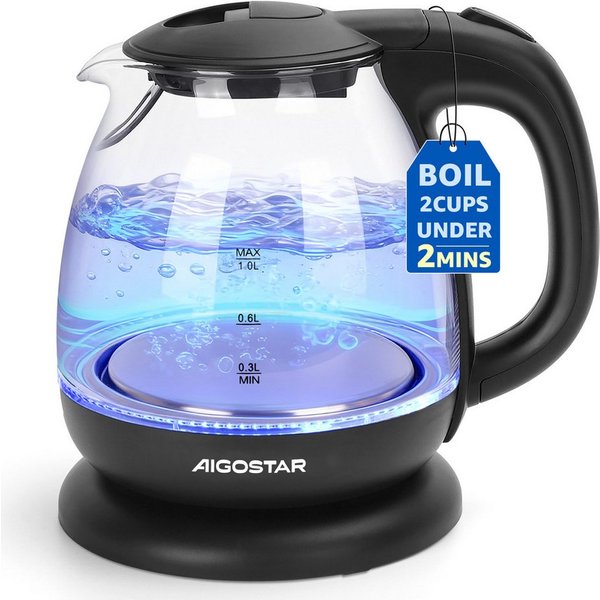 Aigostar Wasserkocher Wasserkocher Glas 1L, Mit LED-Beleuchtung, 2200W, 2200 W, Kompakter 1L Glas-Wasserkocher mit blauer LED-Innenbeleuchtung
