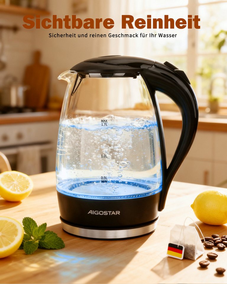Aigostar Wasserkocher Glas mit Kalkfilter, Glaswasserkocher LED-Beleuchtung, 100% BPA Frei, 1.7 l, 2200,00 W, 360° Edelstahl Sockel, Trockenaufschutz – Bild 2 von 5