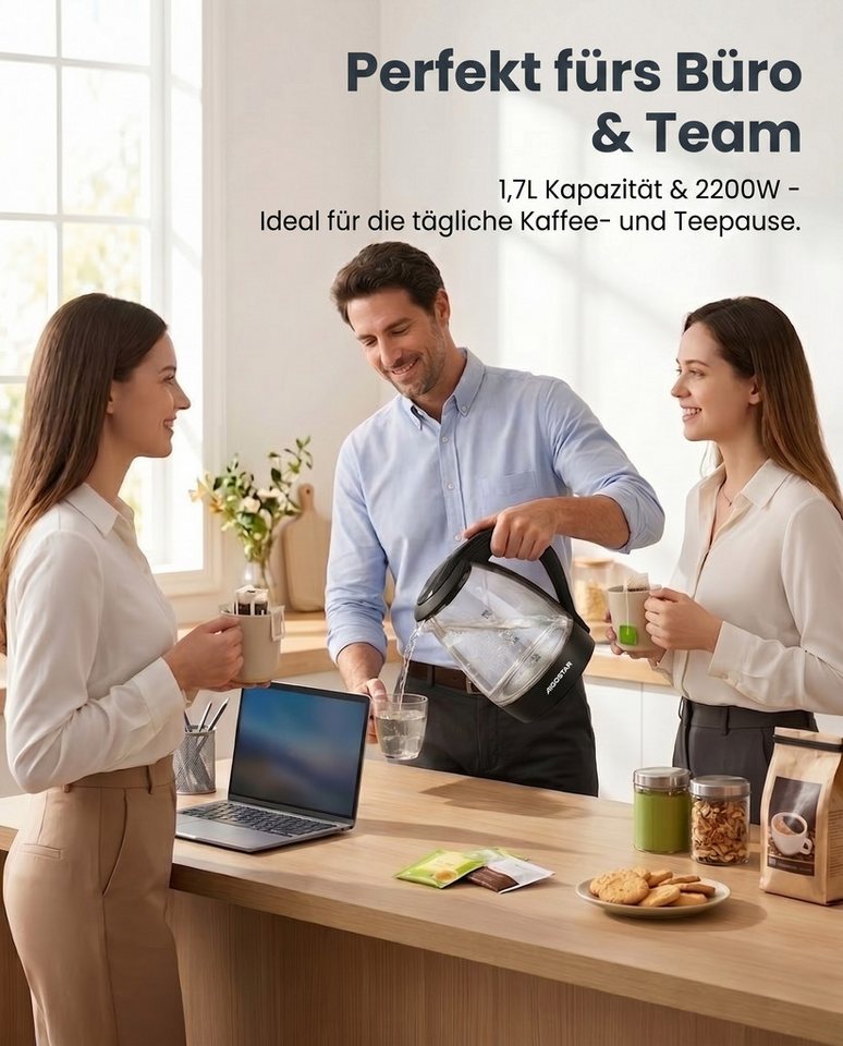 Aigostar Wasserkocher Glas mit Kalkfilter, Glaswasserkocher LED-Beleuchtung, 100% BPA Frei, 1.7 l, 2200,00 W, 360° Edelstahl Sockel, Trockenaufschutz – Bild 4 von 5