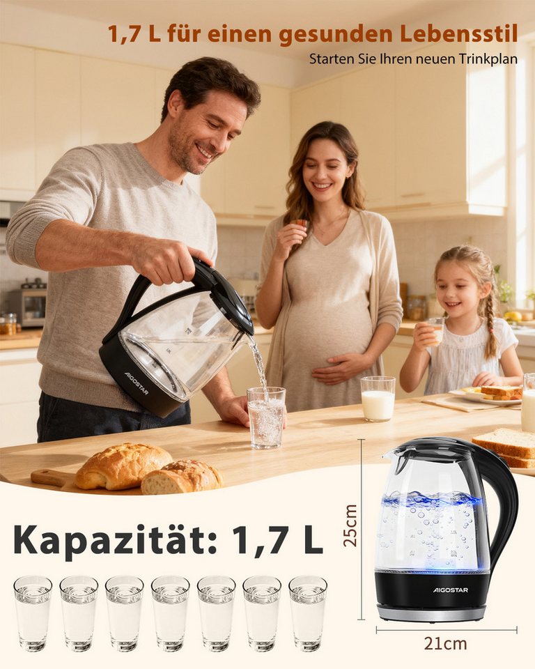 Aigostar Wasserkocher Glas mit Kalkfilter, Glaswasserkocher LED-Beleuchtung, 100% BPA Frei, 1.7 l, 2200,00 W, 360° Edelstahl Sockel, Trockenaufschutz – Bild 5 von 5