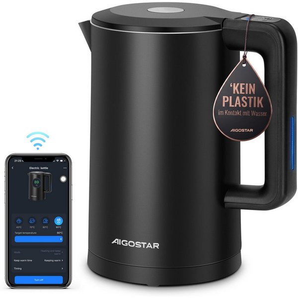 Aigostar Wasserkocher Smart Wasserkocher mit Temperatureinstellung 40°C-100°C, 1,7 L, 2200 W, Energieverbrauch im verbundenen Standby-Modus 0.626 W.