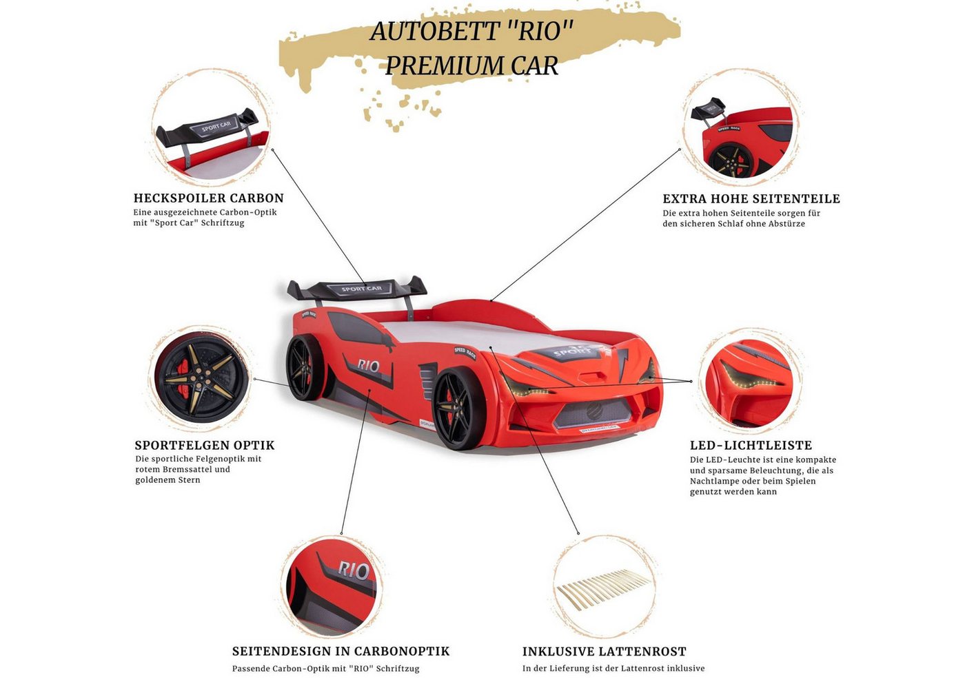 Aileenstore Autobett Rio II, Kinderbett 90 x 200 cm, inkl. Lattenrost, Heckspoiler LED-Beleuchtung – Bild 4 von 5