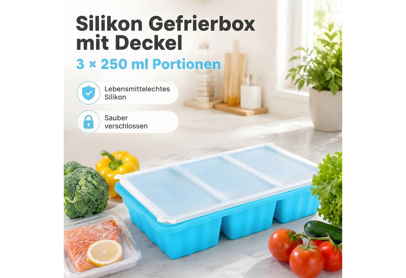 AIMAX Eiswürfelform 2er Set Silikon Gefrierformen mit Deckel 3 Fächern Eiswürfel Je 250-ml, (mit verstärktem Edelstahlrahmen, leicht zu lösende, Spülmaschinenfe – Bild 3 von 5
