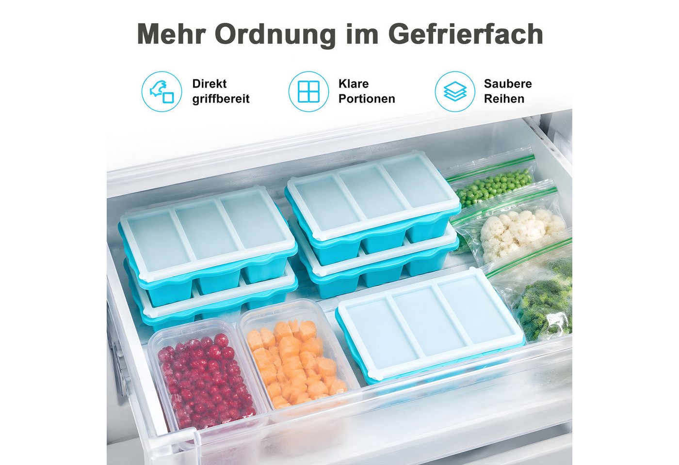 AIMAX Eiswürfelform 2er Set Silikon Gefrierformen mit Deckel 3 Fächern Eiswürfel Je 250-ml, (mit verstärktem Edelstahlrahmen, leicht zu lösende, Spülmaschinenfe – Bild 4 von 5