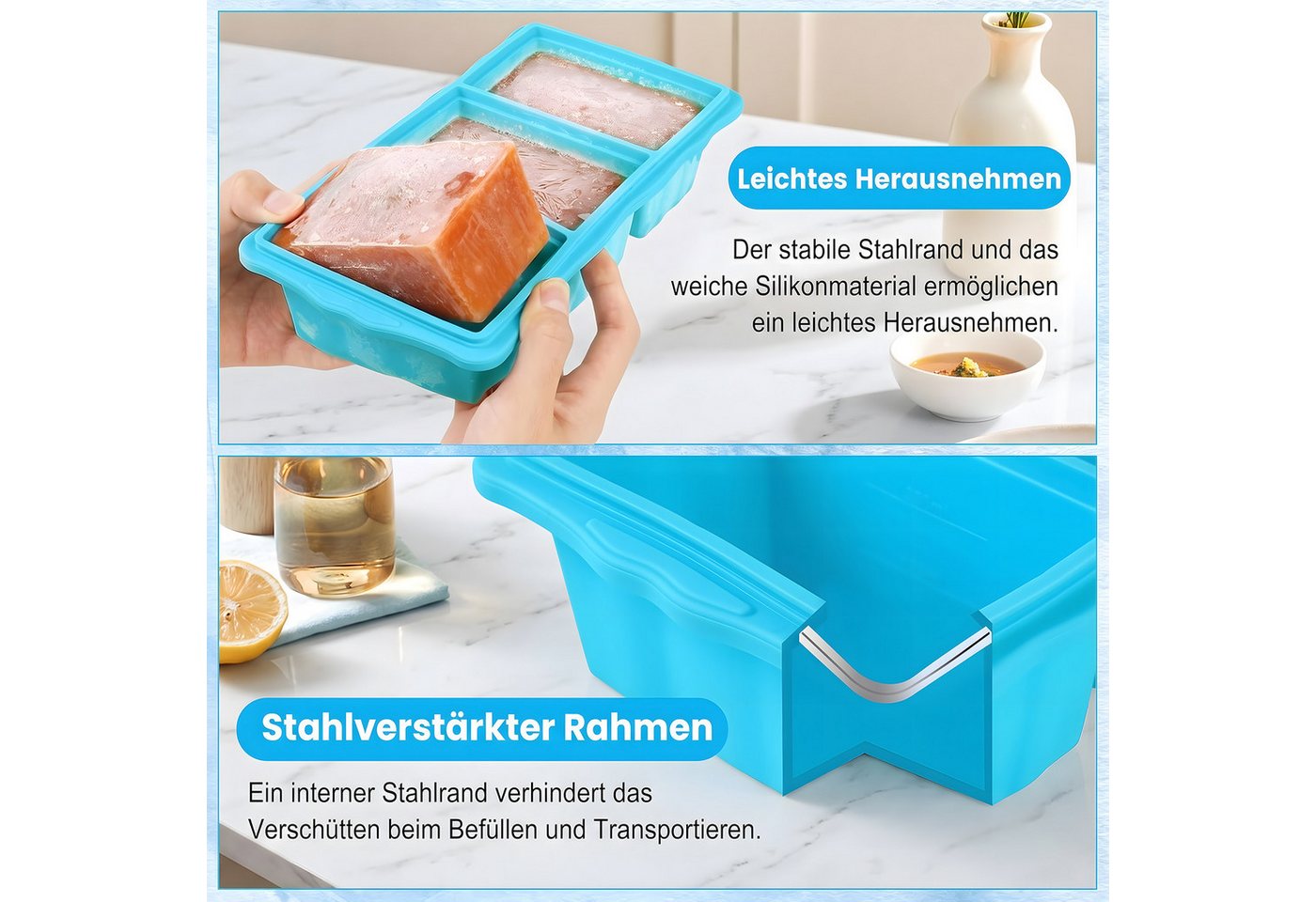 AIMAX Eiswürfelform 2er Set Silikon Gefrierformen mit Deckel 3 Fächern Eiswürfel Je 250-ml, (mit verstärktem Edelstahlrahmen, leicht zu lösende, Spülmaschinenfe – Bild 5 von 5