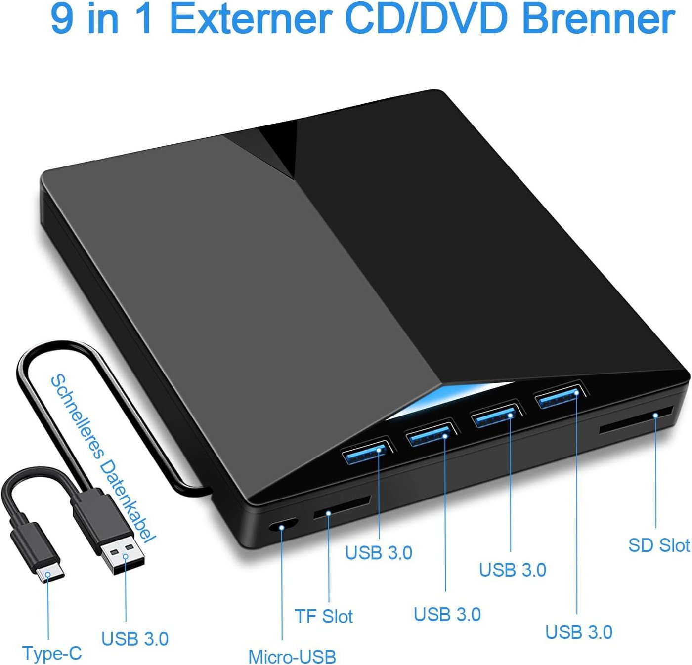 AIMAX Externes CD DVD Laufwerk, 7-in-1 USB 3.0 Type-C Laufwerk, Schwarz DVD-Brenner (DVD-Brenner, CD DVD RW Brenner für Laptop, PC und MacBook) – Bild 2 von 5