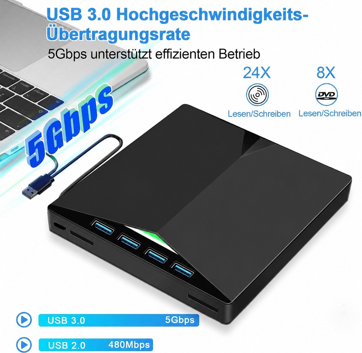 AIMAX Externes CD DVD Laufwerk, 7-in-1 USB 3.0 Type-C Laufwerk, Schwarz DVD-Brenner (DVD-Brenner, CD DVD RW Brenner für Laptop, PC und MacBook) – Bild 3 von 5