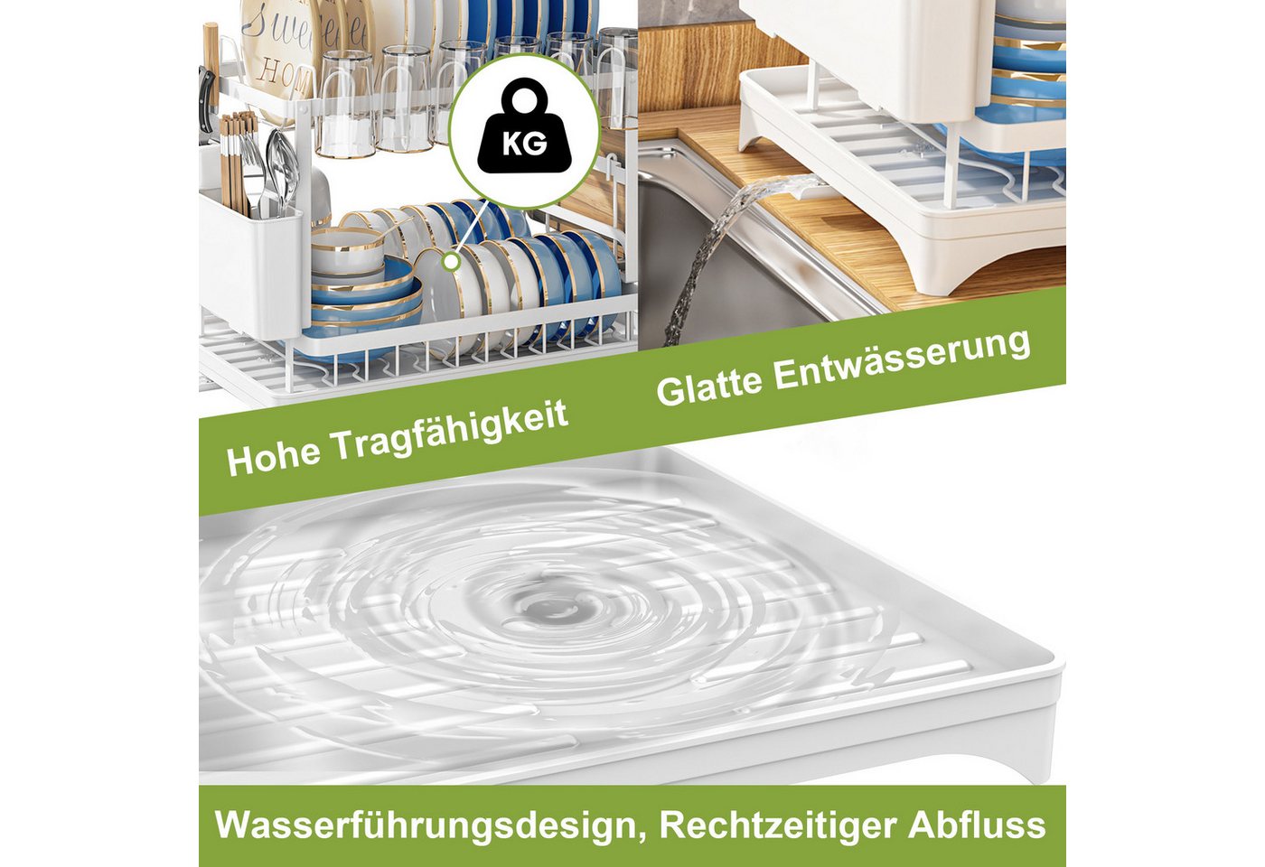 AIMAX Geschirrständer 2-stufiger Geschirrständer mit Abtropfschale & Matte, Zubehör für Geschirrabtropfgestell Küche, Edelstahl Abtropfgestell Küche, platzspare – Bild 2 von 5