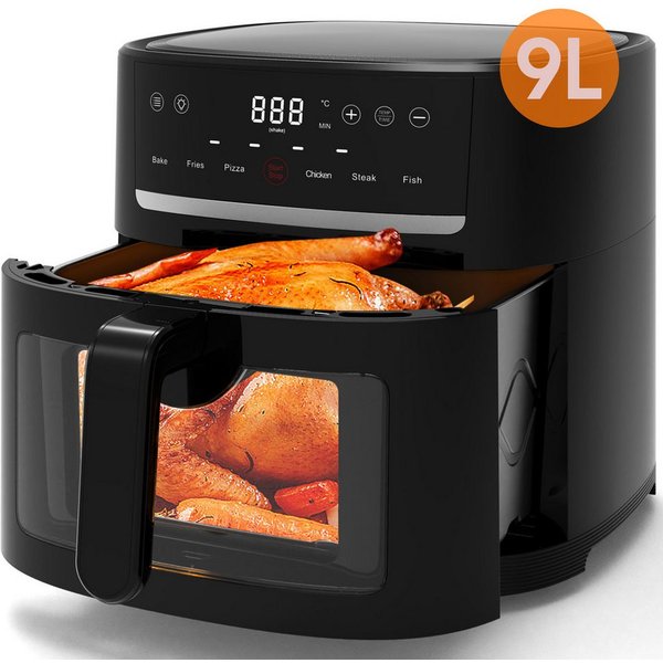 AIMAX Heißluftfritteuse 9L Airfryer xxl, Heissluftfritteuse mit Sichtfenster & Shake-Reminder, 1800 W, Display, 9L, Einstellbare Zeit-/Temperatursteuerung, Sich