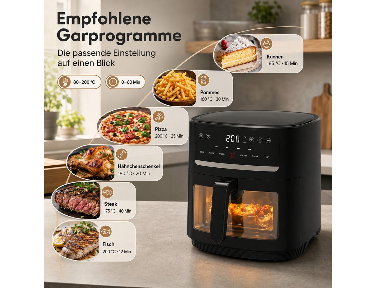 AIMAX Heißluftfritteuse 9L Airfryer xxl, Heissluftfritteuse mit Sichtfenster & Shake-Reminder, 1800 W, Display, 9L, Einstellbare Zeit-/Temperatursteuerung, Sich – Bild 2 von 5
