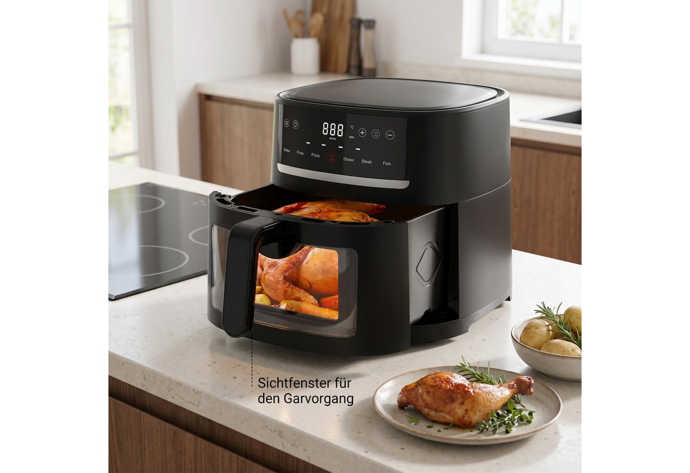 AIMAX Heißluftfritteuse 9L Airfryer xxl, Heissluftfritteuse mit Sichtfenster & Shake-Reminder, 1800 W, Display, 9L, Einstellbare Zeit-/Temperatursteuerung, Sich – Bild 3 von 5