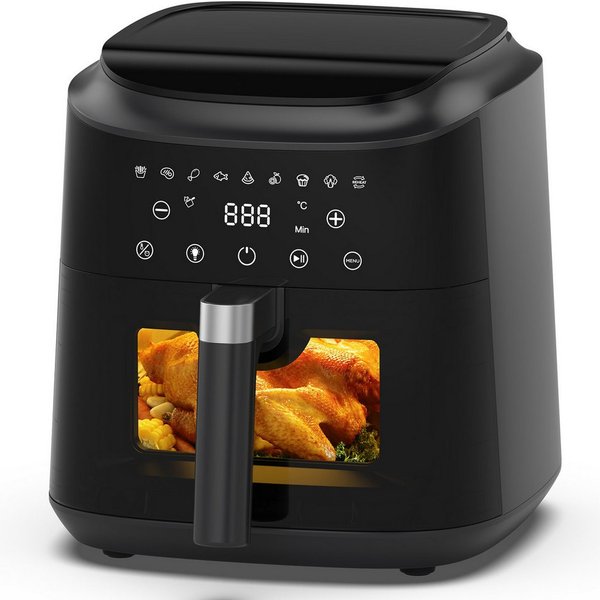 AIMAX Heißluftfritteuse Airfryer 6 Liter, 9 Programme, ohne Öl, Sichtfenster, Touchdisplay, 1650 W, Innenbeleuchtung, fettarm, 360° Heißluft, spülmaschinenfest,