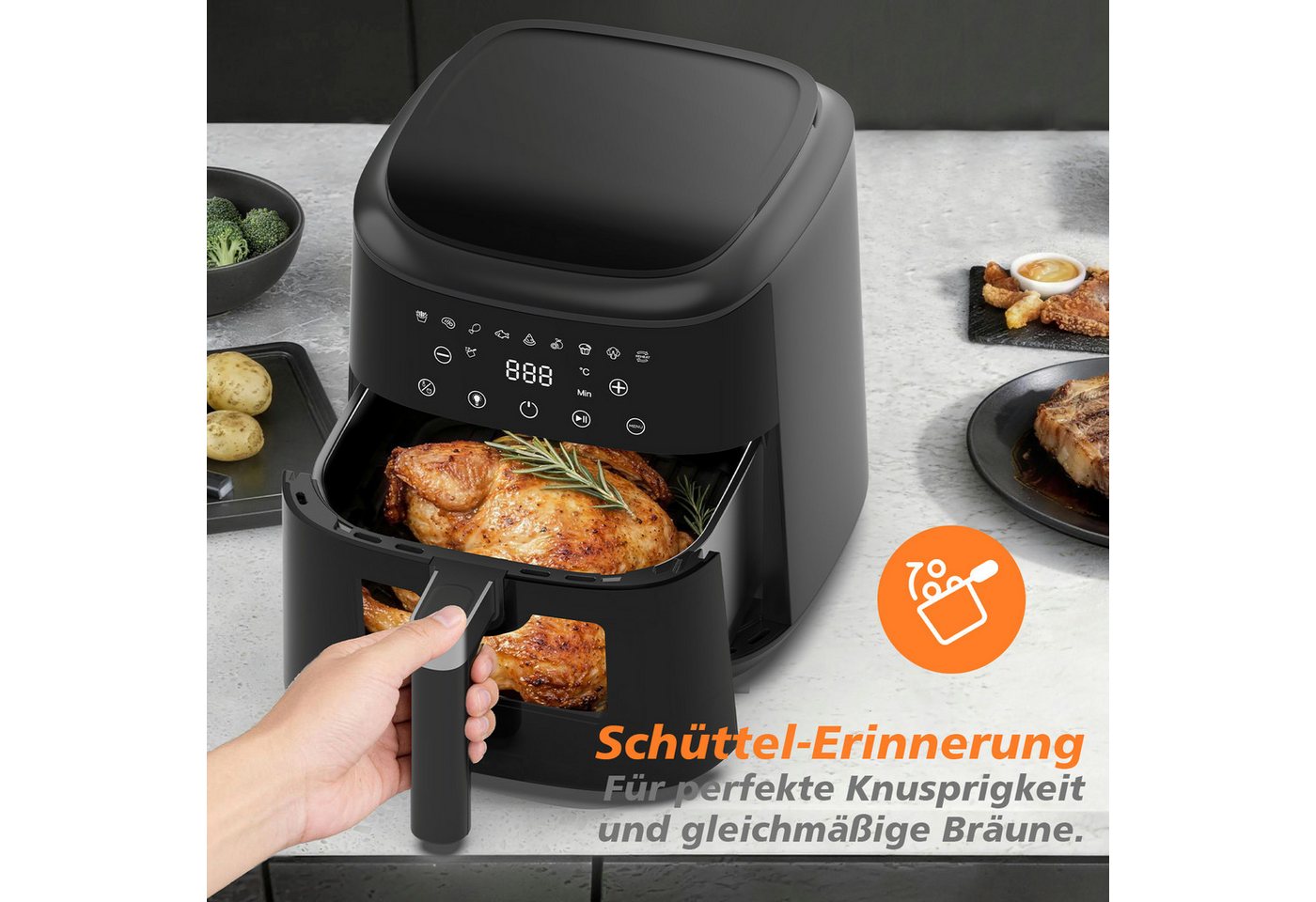 AIMAX Heißluftfritteuse Airfryer 6 Liter, 9 Programme, ohne Öl, Sichtfenster, Touchdisplay, 1650 W, Innenbeleuchtung, fettarm, 360° Heißluft, spülmaschinenfest, – Bild 3 von 5