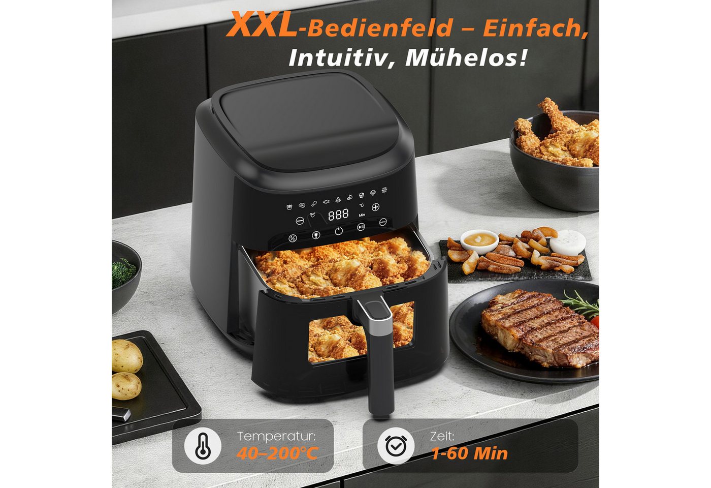 AIMAX Heißluftfritteuse Airfryer 6 Liter, 9 Programme, ohne Öl, Sichtfenster, Touchdisplay, 1650 W, Innenbeleuchtung, fettarm, 360° Heißluft, spülmaschinenfest, – Bild 4 von 5
