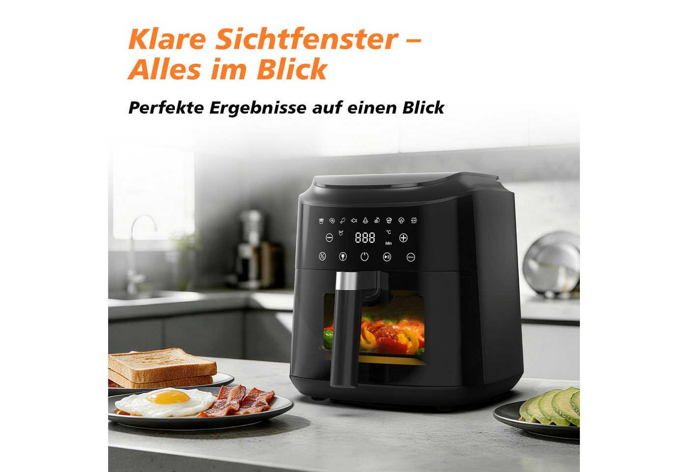 AIMAX Heißluftfritteuse Airfryer 6 Liter, 9 Programme, ohne Öl, Sichtfenster, Touchdisplay, 1650 W, Innenbeleuchtung, fettarm, 360° Heißluft, spülmaschinenfest, – Bild 5 von 5