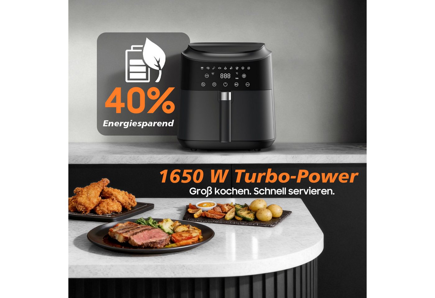 AIMAX Heißluftfritteuse Airfryer 6L, 360° Heißluft, Timer, 40–200°C, Spülmaschinenfest, fettarm, ohne Öl, 1650 W, Touchdisplay, LED-Bildschirm, 9 Programme, Übe – Bild 2 von 5