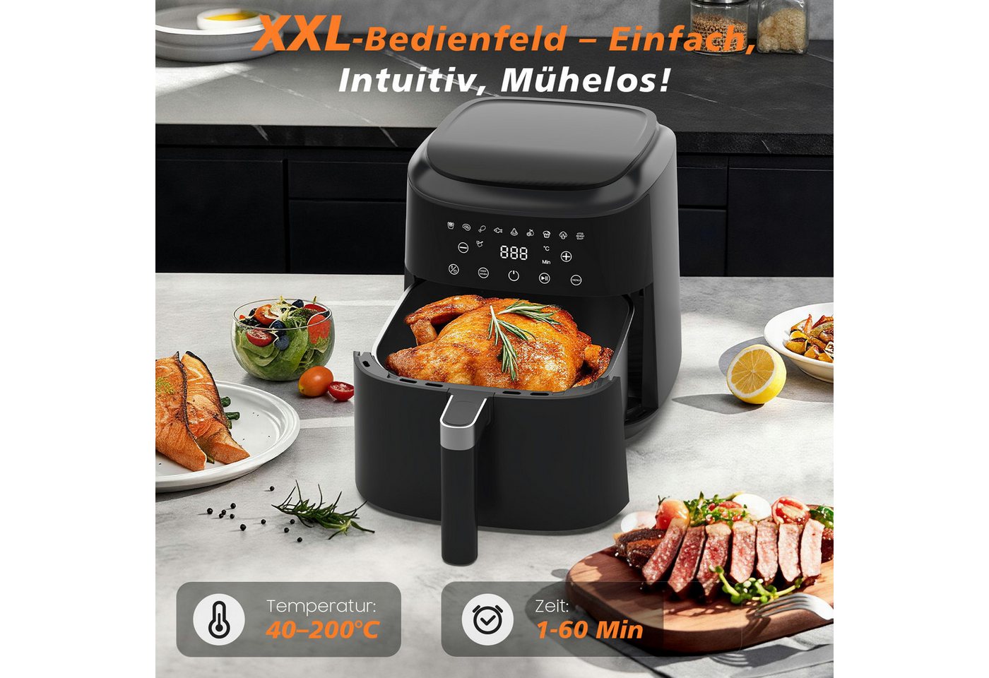 AIMAX Heißluftfritteuse Airfryer 6L, 360° Heißluft, Timer, 40–200°C, Spülmaschinenfest, fettarm, ohne Öl, 1650 W, Touchdisplay, LED-Bildschirm, 9 Programme, Übe – Bild 4 von 5