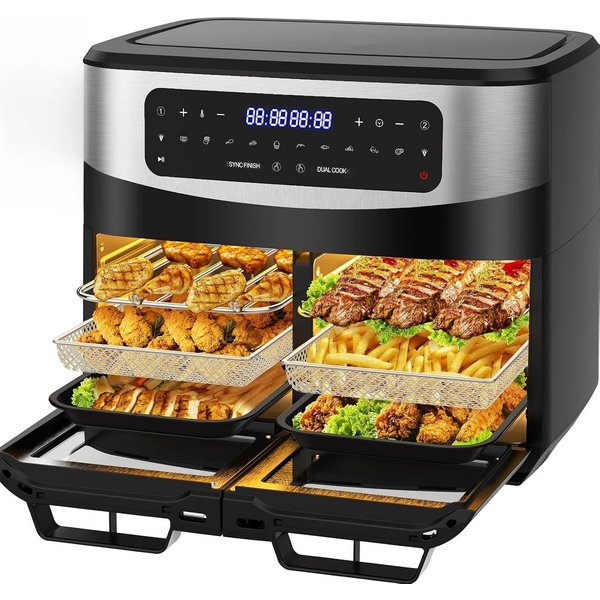AIMAX Heißluftfritteuse Dual Zone Airfryer mit Sichtfenster, LED-Touch, 10 Programmen, gesund & fettarm, 2200 W, Doppelkammer mit herausnehmbarer Trennwand, Ind
