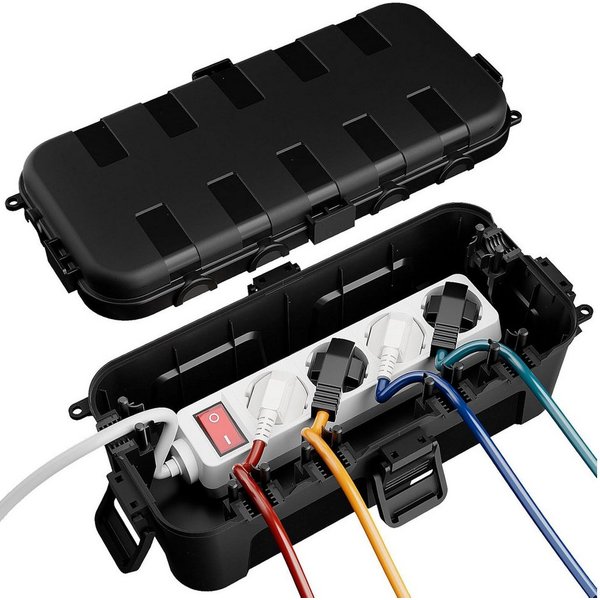 AIMAX Kabelbox IP54 für Außenbereich, 29 x 13,2 x 10 cm, 6 Kabelöffnungen, Outdoor Kabelschutzbox für Steckdosenleisten und Verlängerungskabel