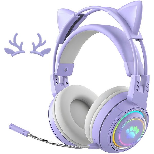 AIMAX Kabelloser Over-Ear-Kopfhörer RGB mit Mikrofon und Noise-Cancelling Bluetooth-Kopfhörer (Gaming-Headset mit Katzenohren und Hirschohren abnehmbaren für Ki