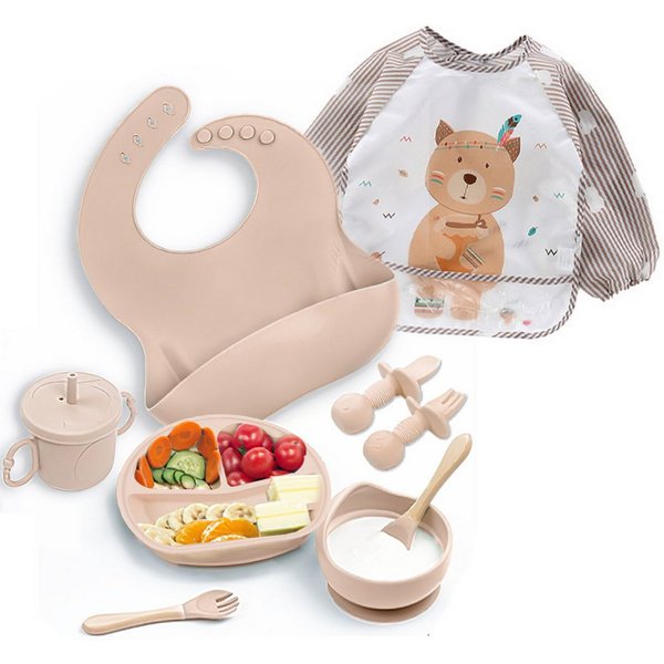 AIMAX Kindergeschirr-Set 9er Baby Geschirrset Set Kindergeschirr Babylöffel Trinklernbecher, Silikon Lätzchen Baby Teller Kinderteller mit Saugnapf