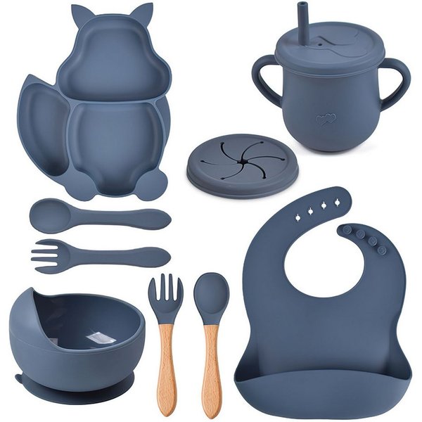 AIMAX Kindergeschirr-Set Baby-Teller 8-teiliges Set Kinderteller mit Saugnapf, Kindergeschirr Teller Lätzchen Schüssel Löffel Gabel Trinkbecher