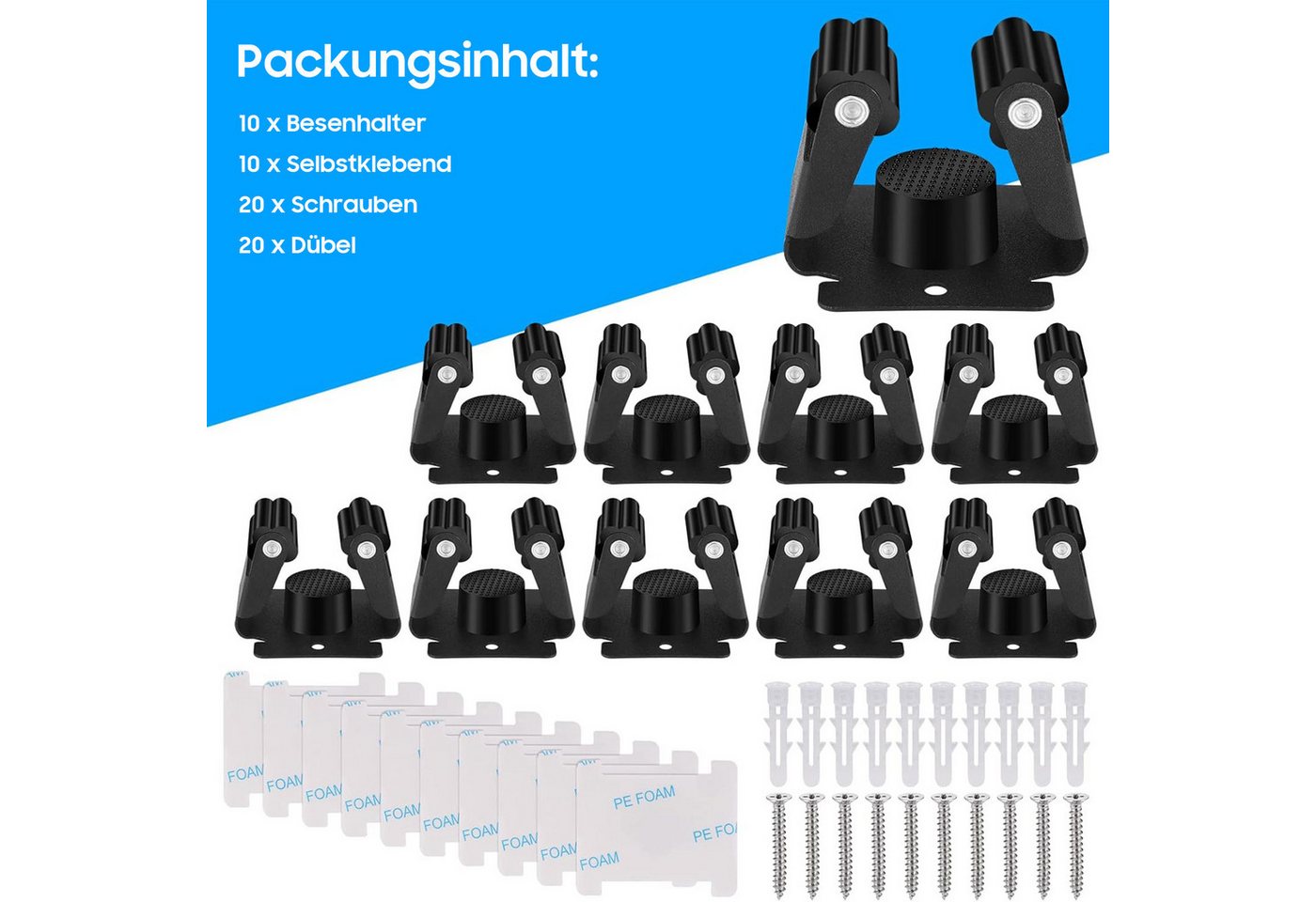 AIMAX Klemmhalter Gerätehalter, Gartengerätehalter Wand Edelstahl Klemmhalter, 12-tlg., Edelstahl Wandhalterung für Wischmopp, Besen, Schaufel – Bild 5 von 5