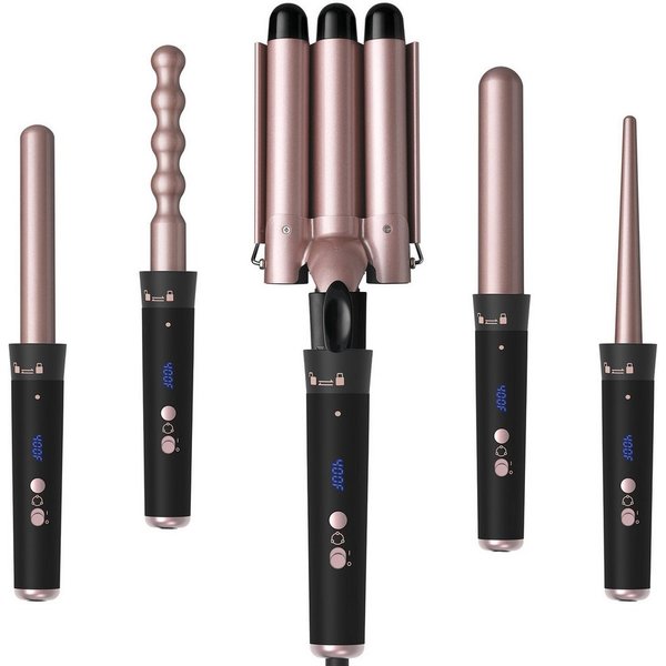 AIMAX Lockenstab 5-in-1 Lockenstab Set – Welleneisen mit 3 Fässern, Turmalin-Keramik, mit Wechselkopf