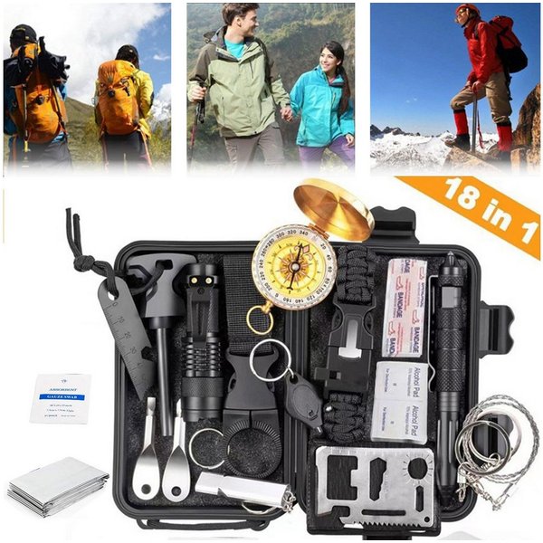 AIMAX Multitool Survival Kit 18 in 1, Outdoor Ausrüstung Erste-Hilfe-Set Outdoor-Sport, (Außen Notfall Set mit Kompass Taktische Taschenlampe Weiterem Zubehör, 