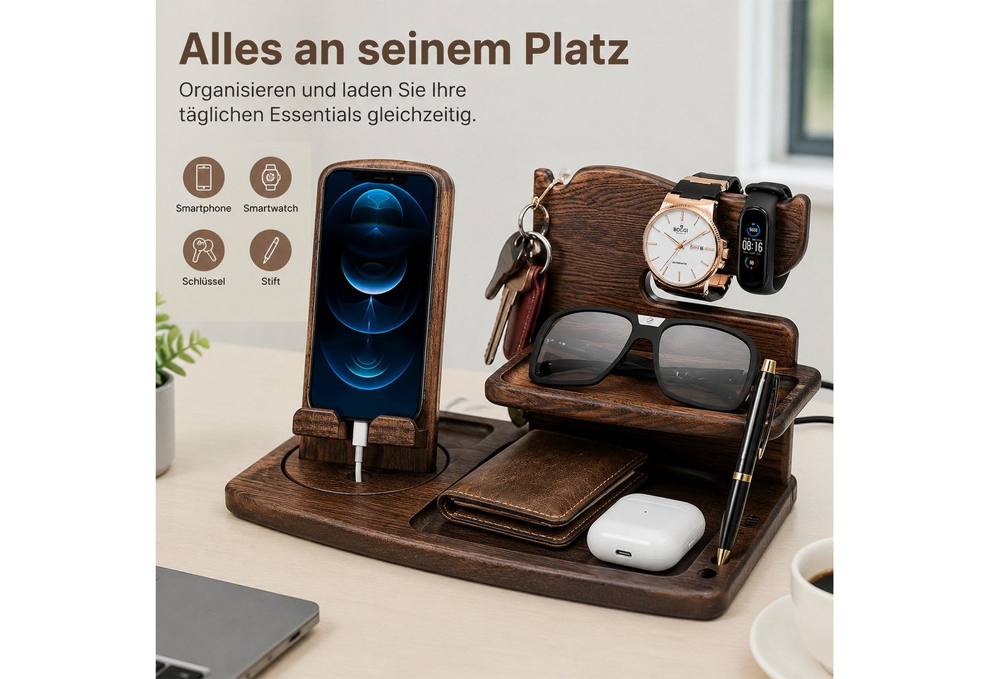 AIMAX Organizer Drehung Handy-Halterung, Holz Telefon Dockingstation, Büro organizer (Ladestation Schreibtischaufsatz, Bürobedarf, Büro Gadgets Tischaufsatz, 1  – Bild 3 von 5