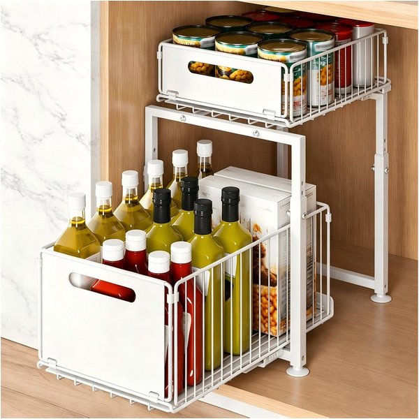 AIMAX Regalelement Ablageregal Waschbecken Regal, 2-Stufiger Küchenschrank Organizer, Aufbewahrungsregal, Schiebefunktion, Höhenverstellbar, Platzsparend