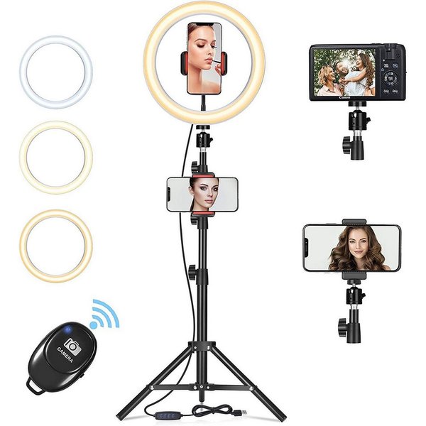 AIMAX Ringlicht 10 Zoll LED Ringlicht mit Stativ, Dimmbar 3 Lichtmodi 11 Helligkeiten, Handy & Tablet-Halter, Bluetooth Fernauslöser, Streaming und Make-up