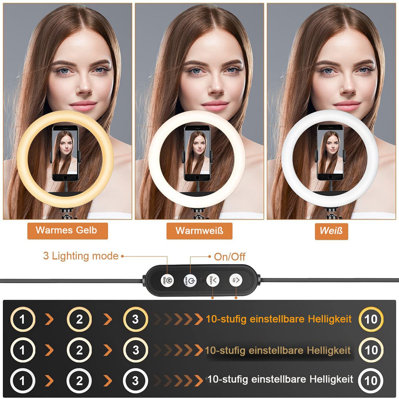 AIMAX Ringlicht 10 Zoll LED Ringlicht mit Stativ, Dimmbar 3 Lichtmodi 11 Helligkeiten, Handy & Tablet-Halter, Bluetooth Fernauslöser, Streaming und Make-up – Bild 2 von 5