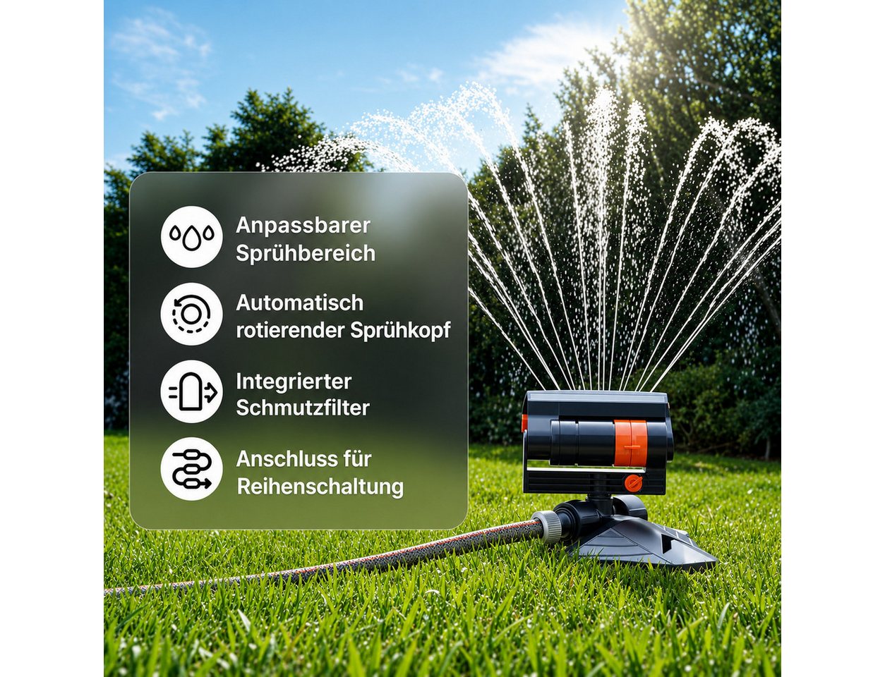 AIMAX Viereckregner Rasensprenger, Gartensprinkler mit 4 Sprühbildern, Oszillationsregner, Bewässerungssystem mit regulierbarer Wassermenge – Bild 2 von 5