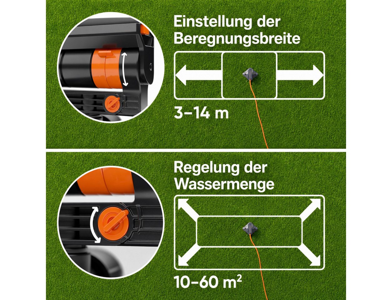 AIMAX Viereckregner Rasensprenger, Gartensprinkler mit 4 Sprühbildern, Oszillationsregner, Bewässerungssystem mit regulierbarer Wassermenge – Bild 4 von 5