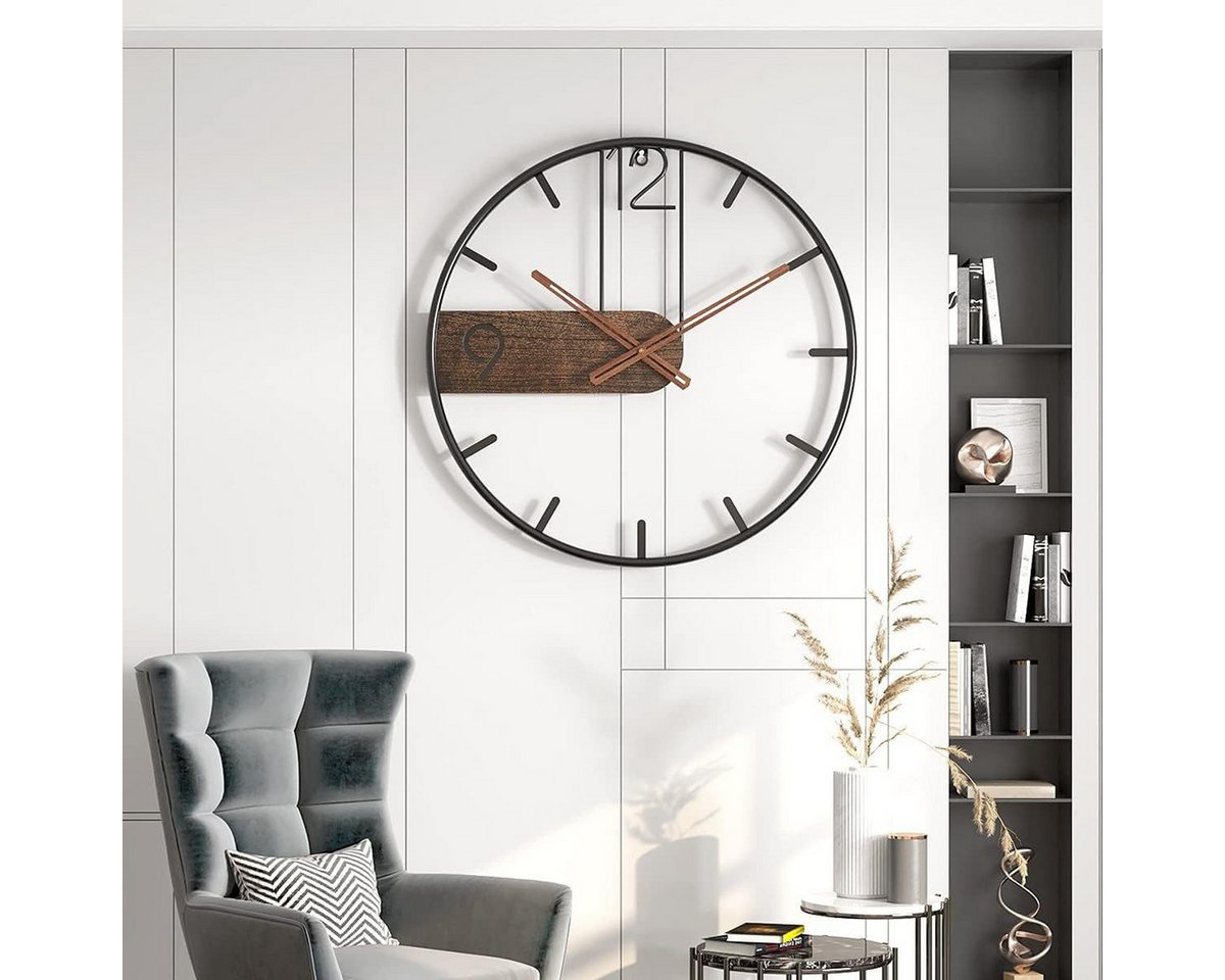 AIMAX Wanduhr aus Metall, Vintage Wanduhr wohnzimmer, Groß XL Ø40 cm, Retro Uhr Wand (Wanduhr mit Metallrahmen (Schwarz/Braun)– Lautlos, batteriebetrieben) – Bild 2 von 5