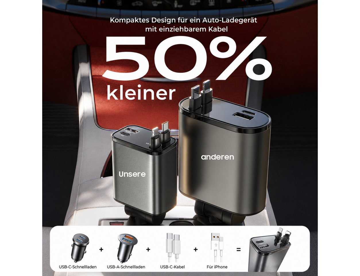 AIMAX Zigarettenanzünder USB C Auto Ladegerät 4in1, 30W, Grau KFZ-Netzteil (Handy KFZ Ladegerät, KFZ USB C Adapter und Auto Schnellladegerät) – Bild 4 von 5