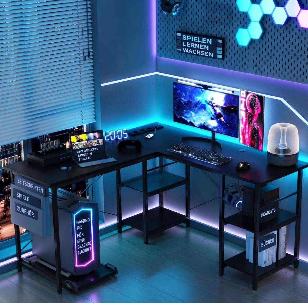 Aiorber Computertisch Aiorbe-Schwarzer Gaming Eckschreibtisch L-Form mit Regal (1 Stück Schreibtisch), L-förmig, umkehrbarer Aufbau, 2-stufiges Regal, bewegbare – Bild 2 von 5