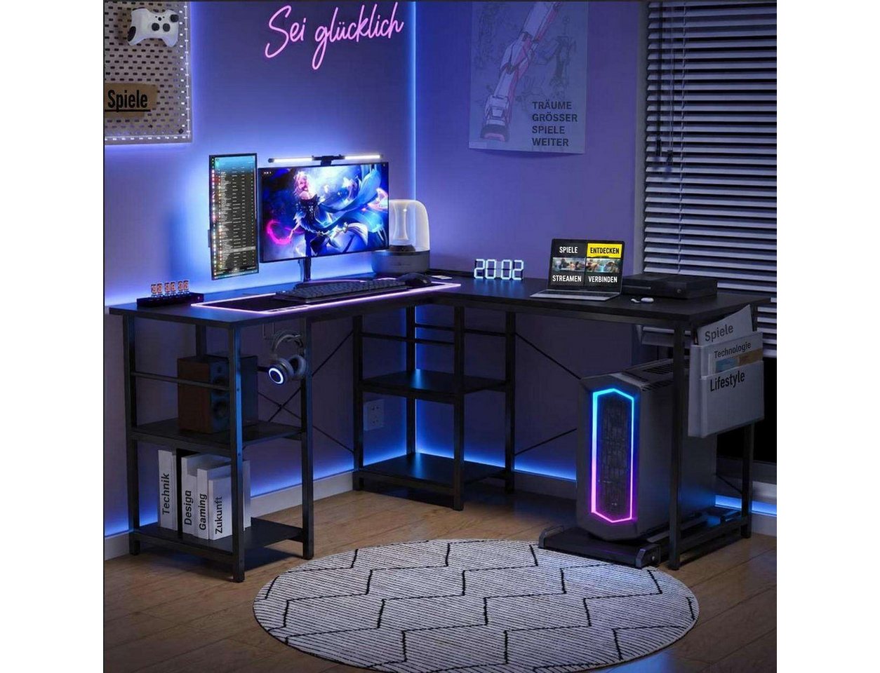 Aiorber Computertisch Aiorbe-Schwarzer Gaming Eckschreibtisch L-Form mit Regal (1 Stück Schreibtisch), L-förmig, umkehrbarer Aufbau, 2-stufiges Regal, bewegbare – Bild 3 von 5