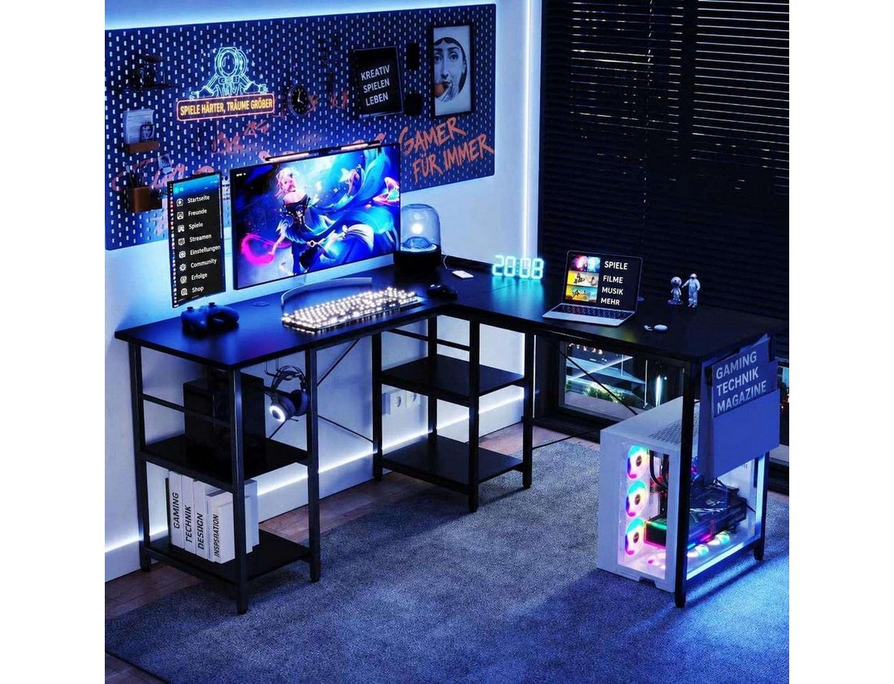Aiorber Computertisch Aiorbe-Schwarzer Gaming Eckschreibtisch L-Form mit Regal (1 Stück Schreibtisch), L-förmig, umkehrbarer Aufbau, 2-stufiges Regal, bewegbare – Bild 4 von 5