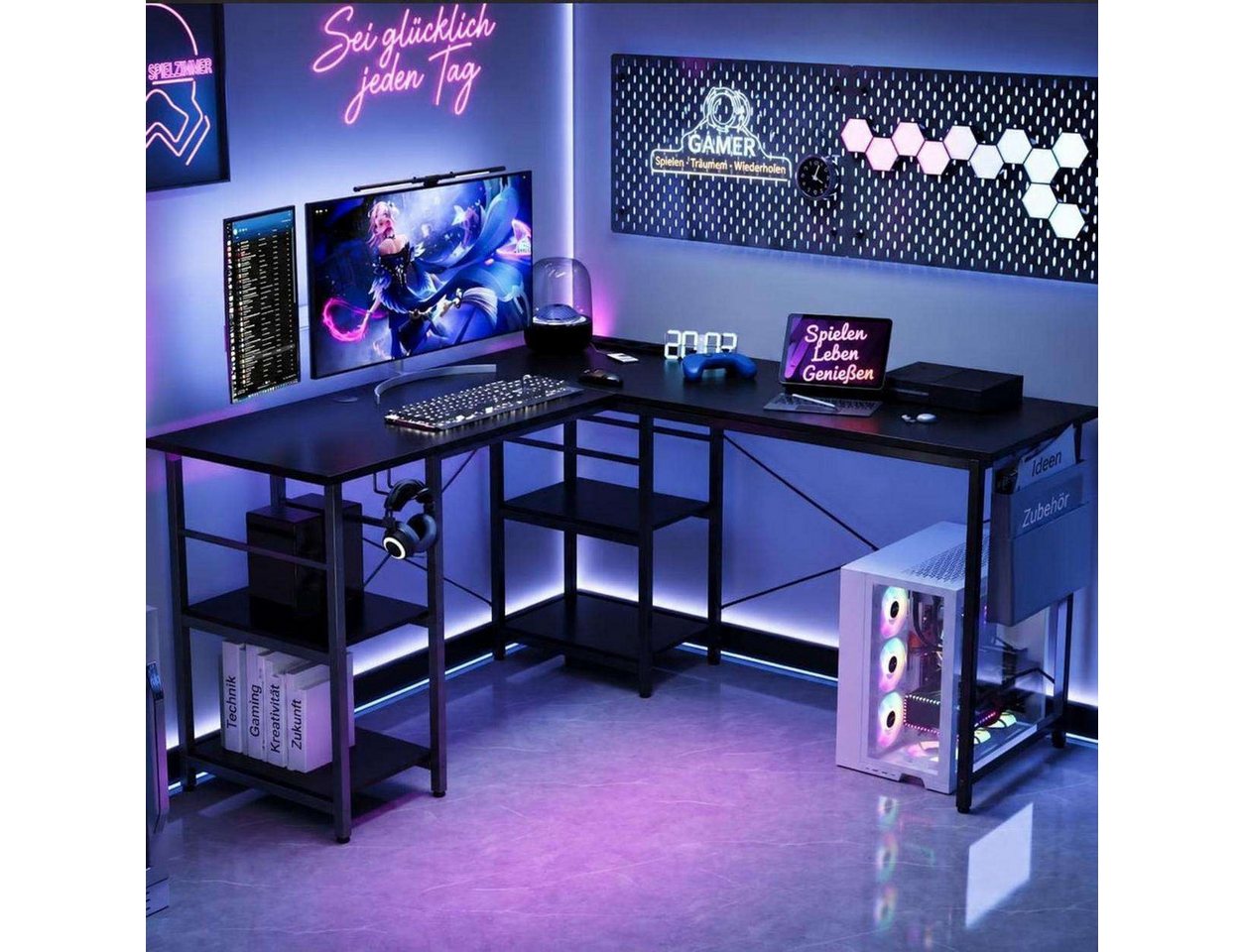 Aiorber Computertisch Aiorbe-Schwarzer Gaming Eckschreibtisch L-Form mit Regal (1 Stück Schreibtisch), L-förmig, umkehrbarer Aufbau, 2-stufiges Regal, bewegbare – Bild 5 von 5