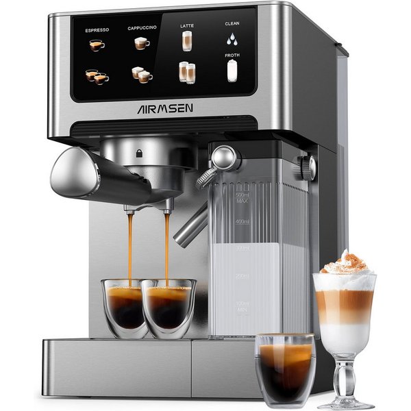 Airmsen Espressomaschine 20 Bar mit automatischem Milchaufschäumer für Zuhause,1.8L Wassertank, Edelstahlfilter, Cappuccino & Latte Kaffeemaschine mit Schnellbr