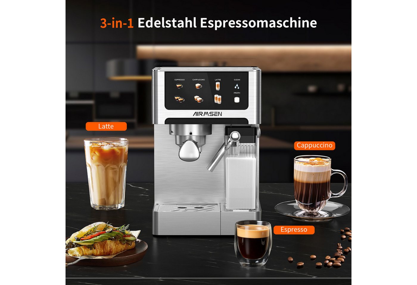 Airmsen Espressomaschine 20 Bar mit automatischem Milchaufschäumer für Zuhause,1.8L Wassertank, Edelstahlfilter, Cappuccino & Latte Kaffeemaschine mit Schnellbr – Bild 2 von 5