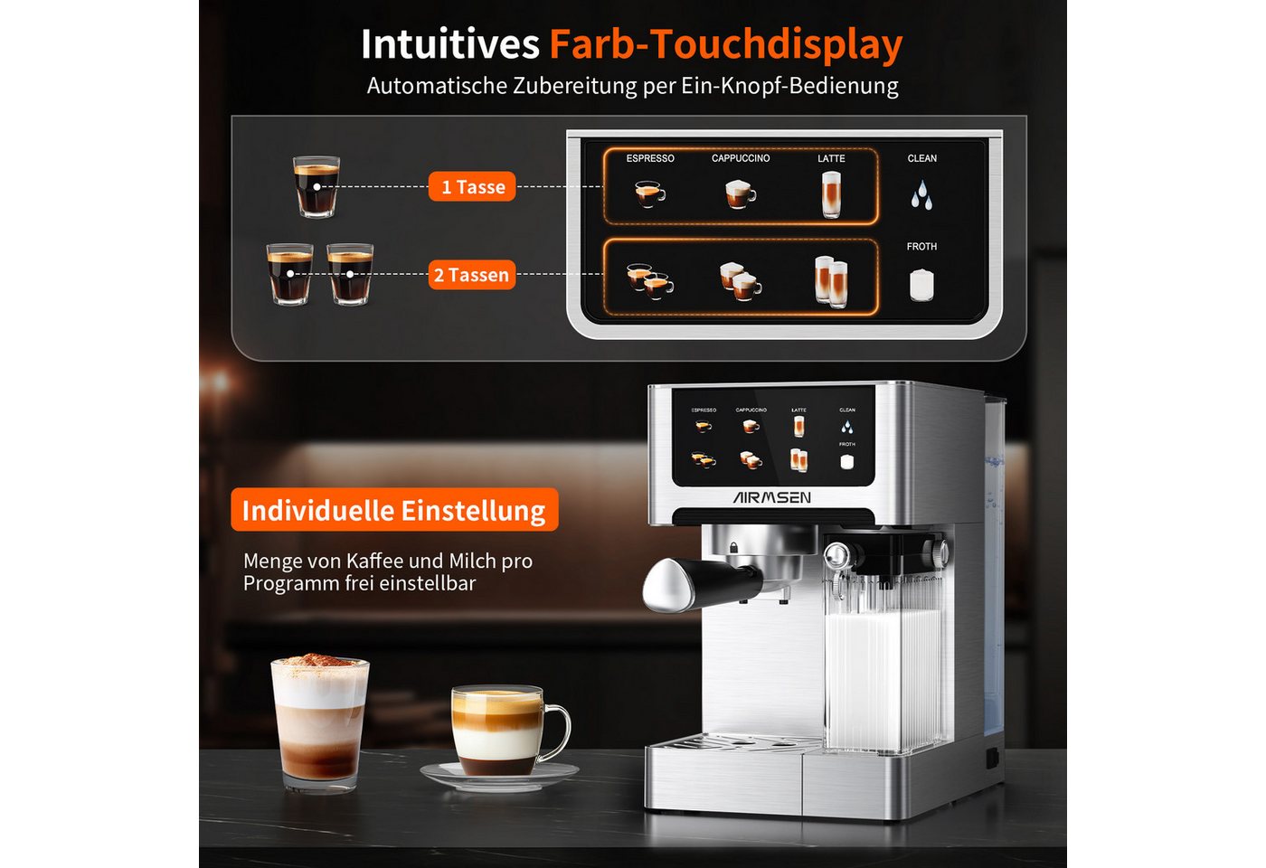 Airmsen Espressomaschine 20 Bar mit automatischem Milchaufschäumer für Zuhause,1.8L Wassertank, Edelstahlfilter, Cappuccino & Latte Kaffeemaschine mit Schnellbr – Bild 3 von 5