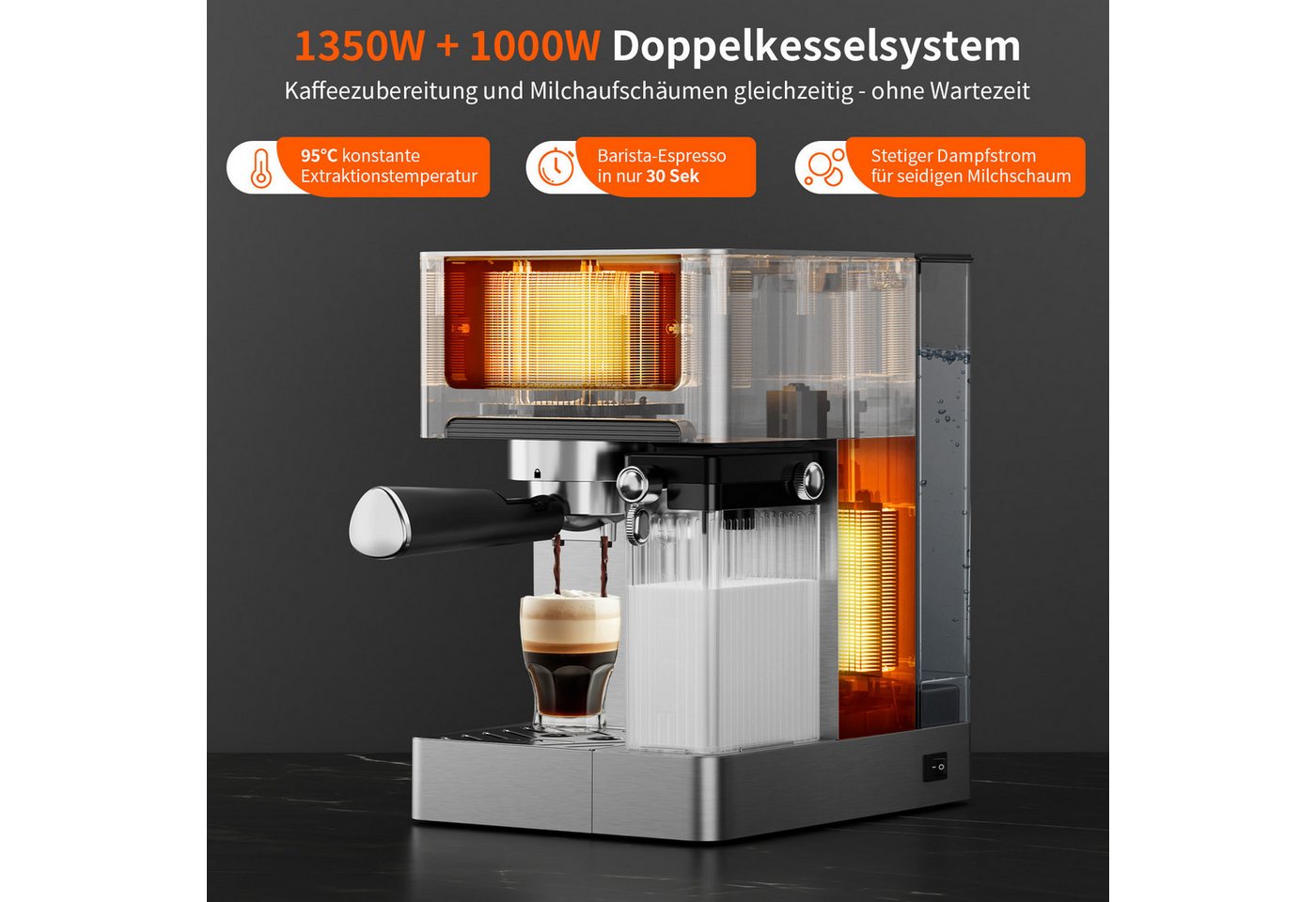 Airmsen Espressomaschine 20 Bar mit automatischem Milchaufschäumer für Zuhause,1.8L Wassertank, Edelstahlfilter, Cappuccino & Latte Kaffeemaschine mit Schnellbr – Bild 5 von 5