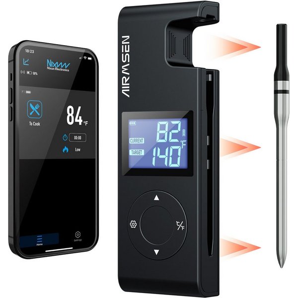 Airmsen Grillthermometer Fleischthermometer Kabelloses Grillthermometer Bluetooth - 1000mAh, mit Hitzebeständigem Keramikgriff & LCD-Display 150m Fernüberwachun