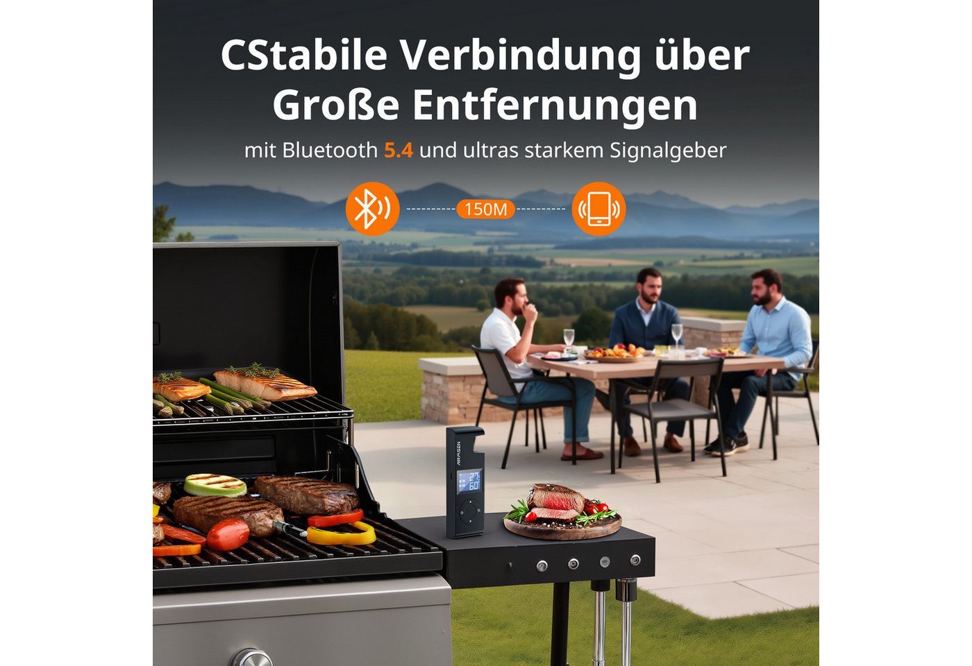 Airmsen Grillthermometer Fleischthermometer Kabelloses Grillthermometer Bluetooth - 1000mAh, mit Hitzebeständigem Keramikgriff & LCD-Display 150m Fernüberwachun – Bild 4 von 5