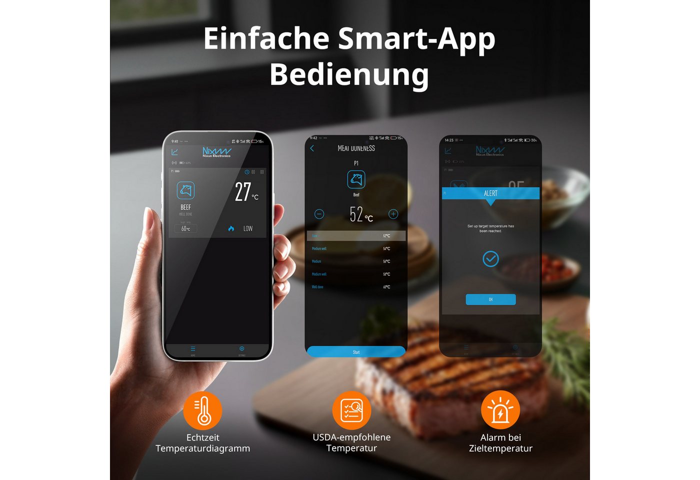 Airmsen Grillthermometer Fleischthermometer Kabelloses Grillthermometer Bluetooth - 1000mAh, mit Hitzebeständigem Keramikgriff & LCD-Display 150m Fernüberwachun – Bild 5 von 5