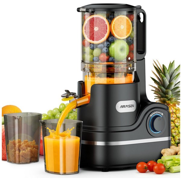 Airmsen Slow Juicer mit 147MM Extra Großem Einfüllschacht, Entsafter Gemüse und Obst, 300 W, Leicht zu Reinigen, Hohe Saftausbeute